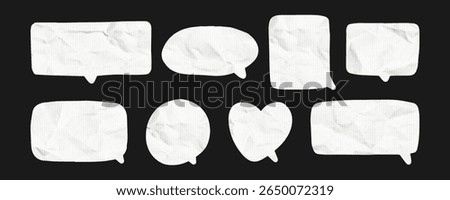 Cut out speech bubbles display a crumpled paper texture, offering various shapes suitable for graphical conversation design. Ideal for social media posts and marketing visuals.