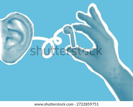 Cut out Stickers Retro Gadgets Halftone hand holding Headphones. Vector pop art illustration