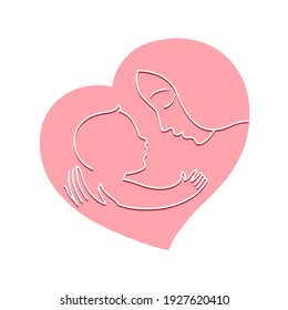 Cut out style. Illustration for a logo, mother with a baby in her arms. Heart shaped frame. 