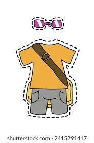 Corta la ropa de verano vestida con bolsa colgante, camisa, pantalones cortos y gafas de sol. Colorida ilustración vectorial de estilo caricatura aislada en fondo blanco.