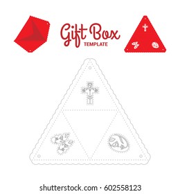 Cut out template for Party Favor Treat Gift Box triangle form. No glue. Negative space in the forms (egg, cross, butterfly) filled with flowers. Image is suitable for a laser cutting or printing
