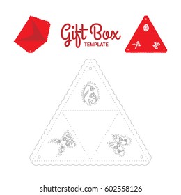 Cut out template for Party Favor Treat Gift Box triangle form. No glue. Negative space in the forms (egg, hare, butterfly) filled with flowers. Image is suitable for a laser cutting or printing
