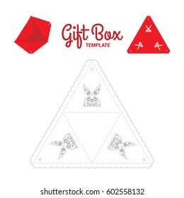 Cut out template for Party Favor Treat Gift Box triangle form. No glue. Negative space in the hare forms filled with flowers. Image is suitable for a laser cutting or printing
