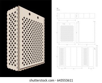 Cut out template for three bottles Wine gift slider Box or Wine & Glasses Box (plywood 3 mm). Creative memory bottle pack with geometric design. Scheme is suitable for a laser cutting or printing