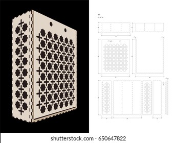 Cut out template for three bottles Wine gift slider Box or Wine Glasses Box (plywood 3 mm). Creative memory bottle pack with geometric design. Scheme is suitable for a laser cutting or printing