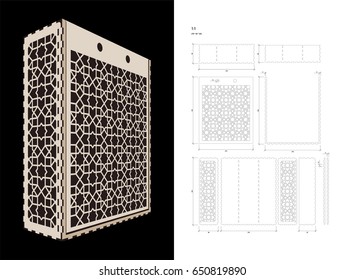 Cut out template for three bottles Wine gift slider Box or Wine Glasses Box (plywood 3 mm). Creative memory bottle pack with geometric design. Scheme is suitable for a laser cutting or printing
