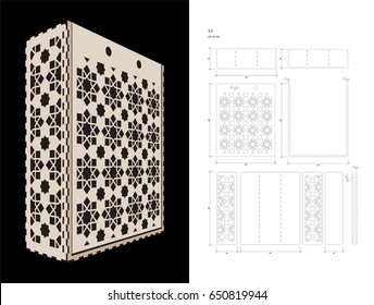 Cut out template for three bottles Wine gift slider Box or Wine Glasses Box (plywood 3 mm). Creative memory bottle pack with geometric design. Scheme is suitable for a laser cutting or printing
