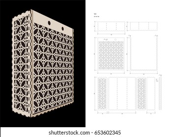 Cut out template for three bottles Wine gift slider Box or Wine Glasses Box (plywood 3 mm). Creative memory bottle pack with geometric design. Scheme is suitable for a laser cutting or printing
