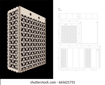 Cut out template for three bottles Wine gift slider Box or Wine Glasses Box (plywood 3 mm). Creative memory bottle pack with geometric design. Scheme is suitable for a laser cutting or printing