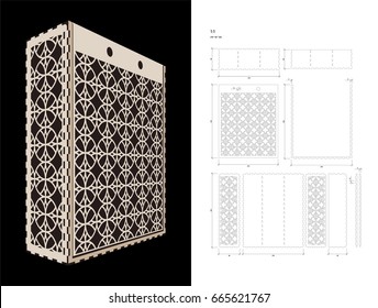 Cut out template for three bottles Wine gift slider Box or Wine Glasses Box (plywood 3 mm). Creative memory bottle pack with geometric design. Scheme is suitable for a laser cutting or printing