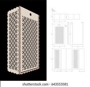 Cut Out Template For Two Bottles Wine Gift Slider Box Or Wine & Glass Box (plywood 3 Mm). Creative Memory Bottle Pack With Geometric Design. Scheme Is Suitable For A Laser Cutting Or Printing