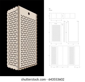 Cut out template for two bottles Wine gift slider Box or Wine & Glass Box (plywood 3 mm). Creative memory bottle pack with geometric design. Scheme is suitable for a laser cutting or printing