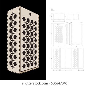 Cut out template for two bottles Wine gift slider Box or Wine  Glass Box (plywood 3 mm). Creative memory bottle pack with geometric design. Scheme is suitable for a laser cutting or printing