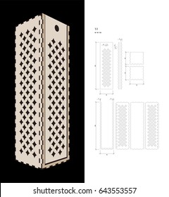 Cut out template for Wine gift slider Box (plywood 3 mm). Creative memory bottle pack with geometric design. Scheme is suitable for a laser cutting or printing