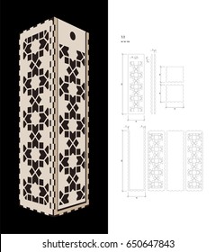 Cut out template for Wine gift slider Box (plywood 3 mm). Creative memory bottle pack with geometric design. Scheme is suitable for a laser cutting or printing