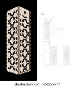 Cut out template for Wine gift slider Box (plywood 3 mm). Creative memory bottle pack with geometric design. Scheme is suitable for a laser cutting or printing