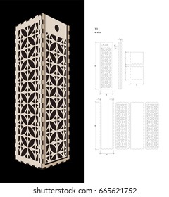 Cut out template for Wine gift slider Box (plywood 3 mm). Creative memory bottle pack with geometric design. Scheme is suitable for a laser cutting or printing
