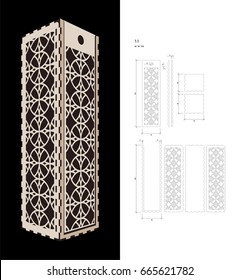 Cut out template for Wine gift slider Box (plywood 3 mm). Creative memory bottle pack with geometric design. Scheme is suitable for a laser cutting or printing
