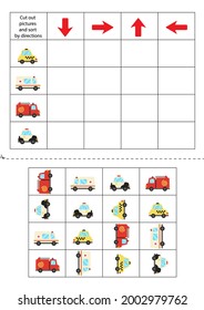 Cut out transportation cards below and sort them out by directions. Educational game for kids.