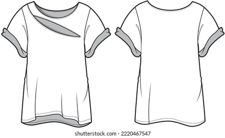 Cut Out T-Shirt Front and Back View. Fashion Illustration, Vector, CAD, Technical Drawing, Flat Drawing, Template, Mockup.
