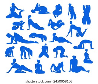 Cut out women and men set,contemporary pose silhouettes,hand drawn blue people body figures.Flat fashion modern art collage,applique trendy poster,Mid century print home design.Isolated.Vector