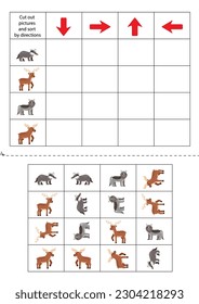 Cut out woodland animals below and sort them out by directions. Educational game for kids.