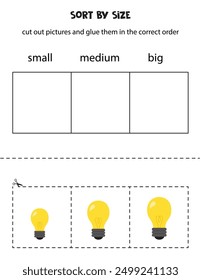 Cut out yellow bulbs and sort them by size. Small, medium or big. Educational worksheet.