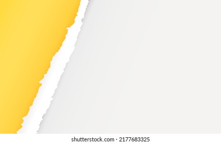 Cut page, realistic vector. Cracked paper texture. Yellow note rip. Damage main page horizontal banner. Orange broken paper strip. Hole in cardboard with empty white space