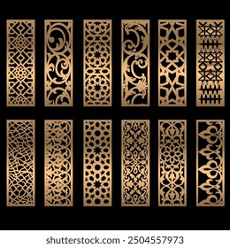 Colección de paneles cortados, patrones geométricos Abstractas, patrón islámico, hoja de espuma de diseño de enrutador CNC, corte de máquina de acrílico y CNC, patrón geométrico oro negro, archivo EPS.