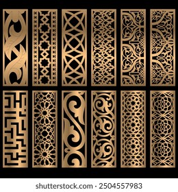 Cut panels Collection, Abstract geometric patterns, islamic pattern, Cnc Router Design Foamsheet, Acrylic and CNC Machine Cutting,geometric pattern gold black, EPS File.