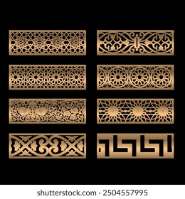 Cut panels Collection, Abstract geometric patterns, islamic pattern, Cnc Router Design Foamsheet, Acrylic and CNC Machine Cutting,geometric pattern gold black, EPS File.