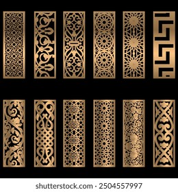 Cut panels Collection, Abstract geometric patterns, islamic pattern, Cnc Router Design Foamsheet, Acrylic and CNC Machine Cutting,geometric pattern gold black, EPS File.