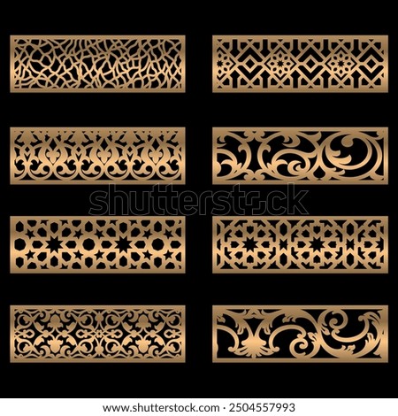 Cut panels Collection, Abstract geometric patterns, islamic pattern, Cnc Router Design Foamsheet, Acrylic and CNC Machine Cutting,geometric pattern gold black, EPS File.