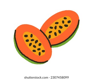 Cut papaya halves. Exotic pawpaw with black seeds, flesh, cross-section. Natural tropical food, papaw. Healthy vitamin nutrition. Flat graphic vector illustration isolated on white background