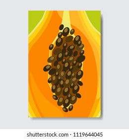 cut papaya template card, slice fresh fruit poster on white background, magazine cover vertical layout brochure poster, flat design, healthy lifestyle or diet concept vector illustration