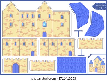 Cut paper 3d a castle. Kids game. DIY miniature. Activity kids page. Cut and glue the toy. Education riddle. Children art game. Printables puzzle. Birthday decor. Vector illustration.