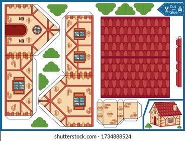 Cut paper 3d a house. DIY papercraft project. Worksheet for kids craft. Education children activity page. Birthday decor. Vector illustration.