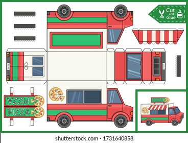 Cut paper 3d a pizza truck. DIY papercraft project. Worksheet for kids craft. Education children activity page. Birthday decor. Vector illustration.