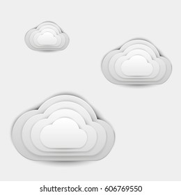 Cut paper art cartoon clouds in realistic trendy craft style. Modern origami design template. Concept inspiration or idea for your projects. Vector illustration.