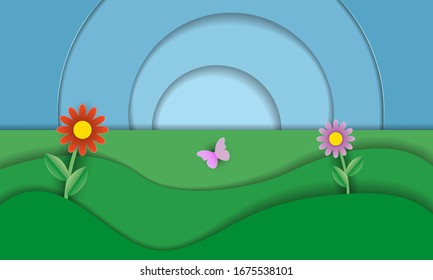 Cut paper background. Grass, flowers, butterfly and sky cut out of paper. Summer and spring landscape. Vector illustration.