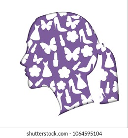 Cut paper. Contour of the girl with figures of a flower, dresses, butterflies, nail polish, shoes, cut from paper.