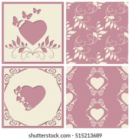 
Cut paper frame in the form of heart with the decor of flowers, butterflies. It can be used for invitations, greeting cards. Two seamless pattern for any design. Vector illustration.
