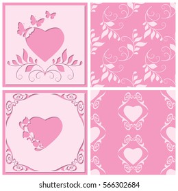 Cut paper frame in the form of heart with the decor of flowers, butterflies. It can be used for invitations, greeting cards. Two seamless pattern for any design. Vector illustration.
