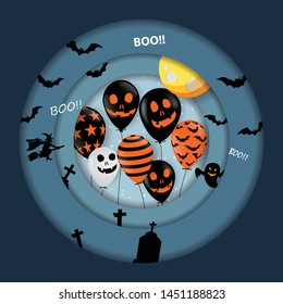 Cut paper Happy Halloween festive abstract background, 3D paper art frame, cut paper texture colorful paper layers, Scary air balloons, moon. Holiday party invitation. illustrator vector Eps10