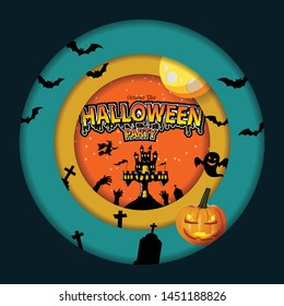 Cut paper Happy Halloween festive abstract background, 3D paper art frame, cut paper texture colorful paper layers, pumpkin, moon. Holiday party invitation. illustrator vector Eps10