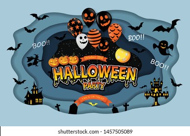 Cut paper Happy Halloween festive abstract background, 3D paper art frame, cut paper texture colorful paper layers, Scary air balloons, moon. Holiday party invitation. illustrator vector Eps10