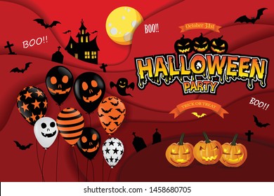 Cut paper Happy Halloween festive abstract background, 3D paper art frame, cut paper texture colorful paper layers, Scary air balloons, moon. Holiday party invitation.