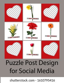 Cut paper heart frame and flowers glued with tape. Trendy editable template for social network message, puzzle post vector illustration. Design backgrounds for social media.