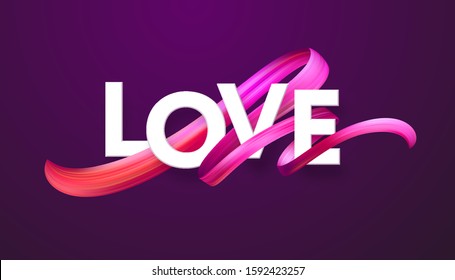 Cut paper letters of the word Love on red color paint ribbon background. Flow fluids background. Valentines Day concept. Vector illustration EPS10