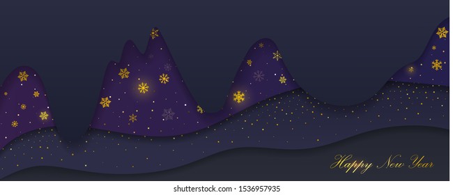 Cut from paper multi-layered Christmas card. Golden snowflakes and glittering dust on night background. 3d shapes carved paper. Vector illustration EPS10